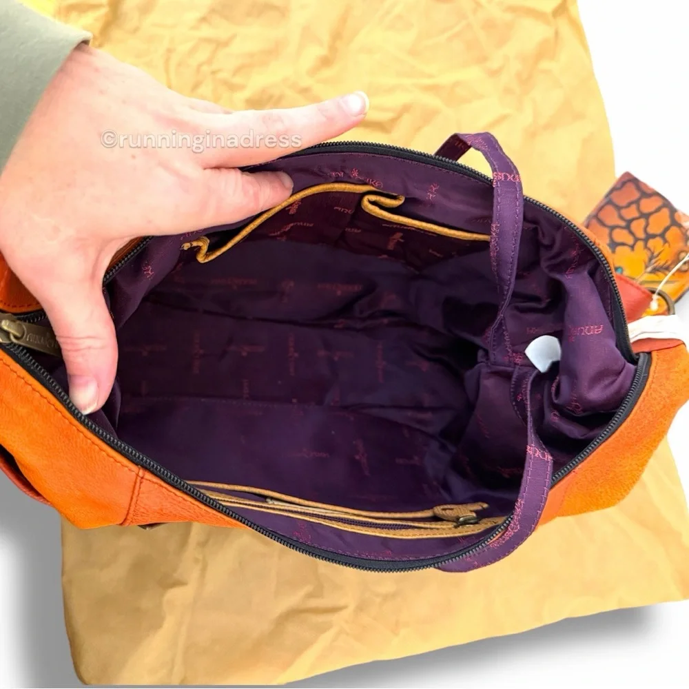Anuschka Hand-Painted Leather Convertible Hobo Animal Butterfly Print Tangerine